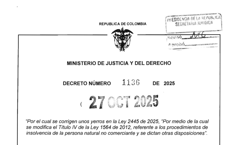 Decreto 1136 de 2025: ajustes a la Ley de Insolvencia para personas naturales
